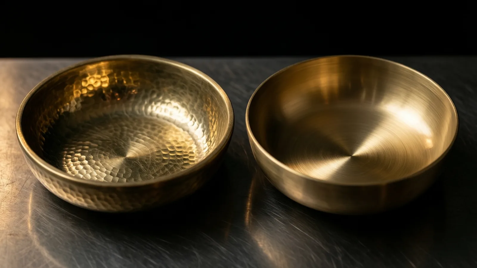 Dos cuencos metálicos de color dorado están uno al lado del otro sobre una superficie metálica cepillada; el de la izquierda es martillado y el de la derecha liso, con finas líneas circulares. La luz cae desde arriba sobre el interior de los cuencos y el fondo es negro.