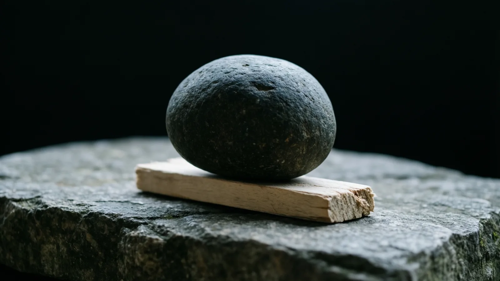 Una piedra redondeada y oscura, de superficie porosa, descansa sobre una tira corta de madera clara con el extremo astillado, colocada sobre una losa de roca gris. La luz cae sobre el frente de la piedra y de la losa, y el fondo es negro.