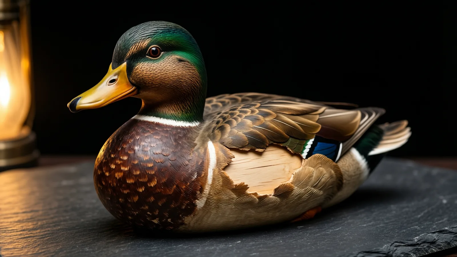 Una figura de pato pintada, con cabeza verde, pico amarillo y pecho café, descansa sobre pizarra oscura; en su costado se ve una zona de veta de madera al descubierto. La luz cálida de un farol en el borde izquierdo cae sobre la pizarra, y el fondo es negro.