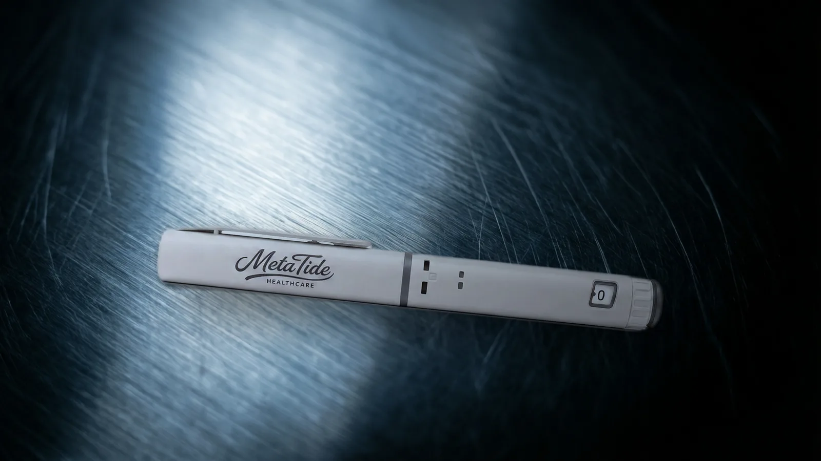 A prefilled multi-dose research pen lying on a brushed dark steel sheet under a cold raking light.