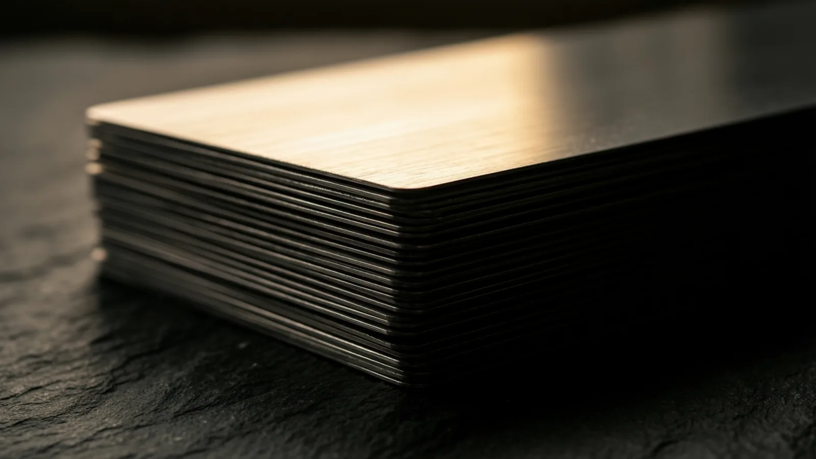 A tight stack of thin anodised metal plates seen edge-on, their cut edges catching a warm line of light against dark slate.