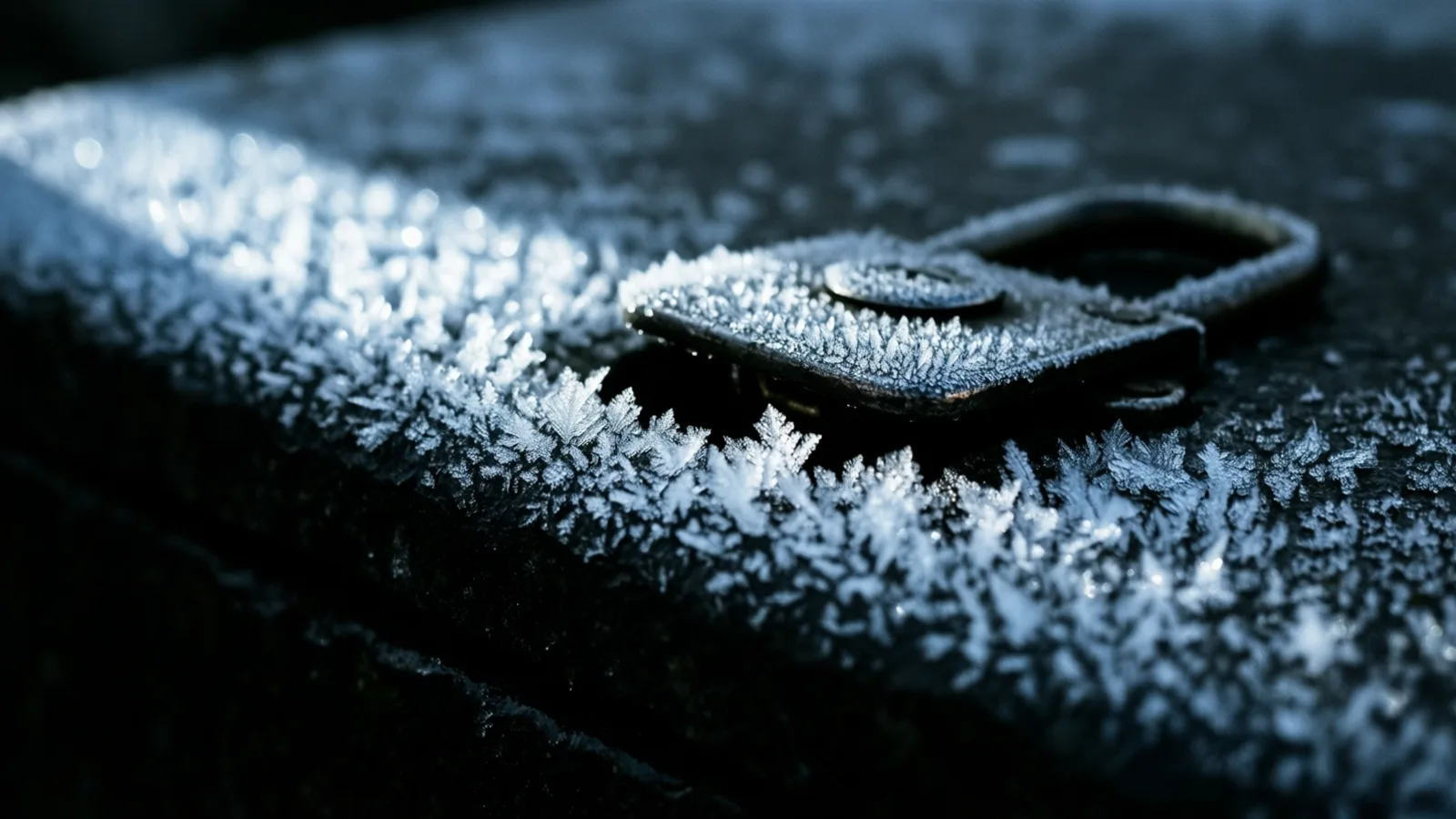 Frost crystals spreading across a metal latch, sparkling under a thin cold light against a black background.