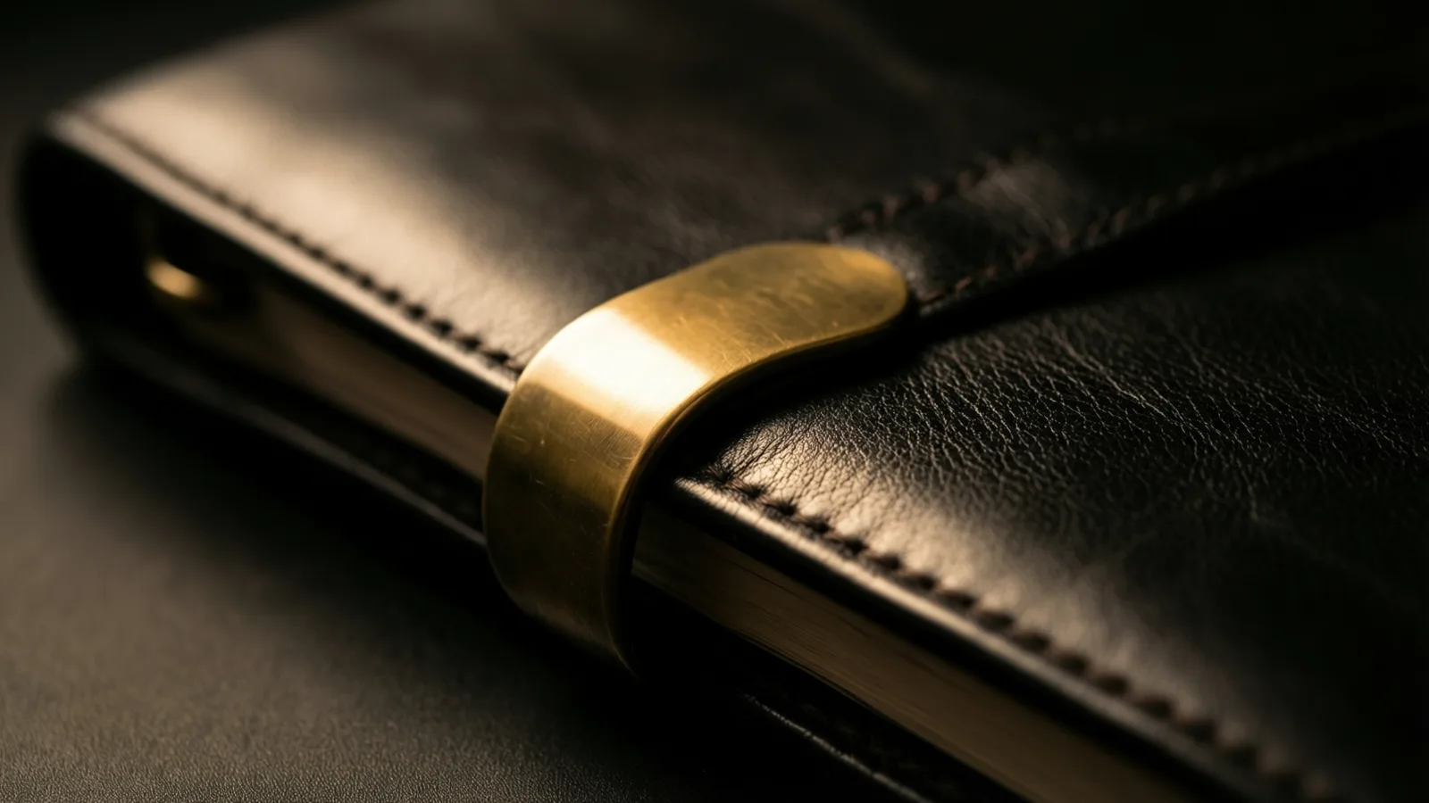 A brass clasp fastened on the edge of a dark leather cover, lit by a warm band of light against deep shadow.