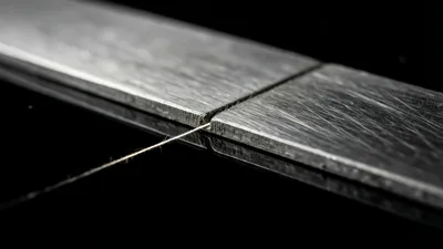 Two flat brushed steel bars lie end to end on a black surface that faintly mirrors them, a hard white light raking across their scratched faces while one hair-thin bright line runs from the joint into the dark.
