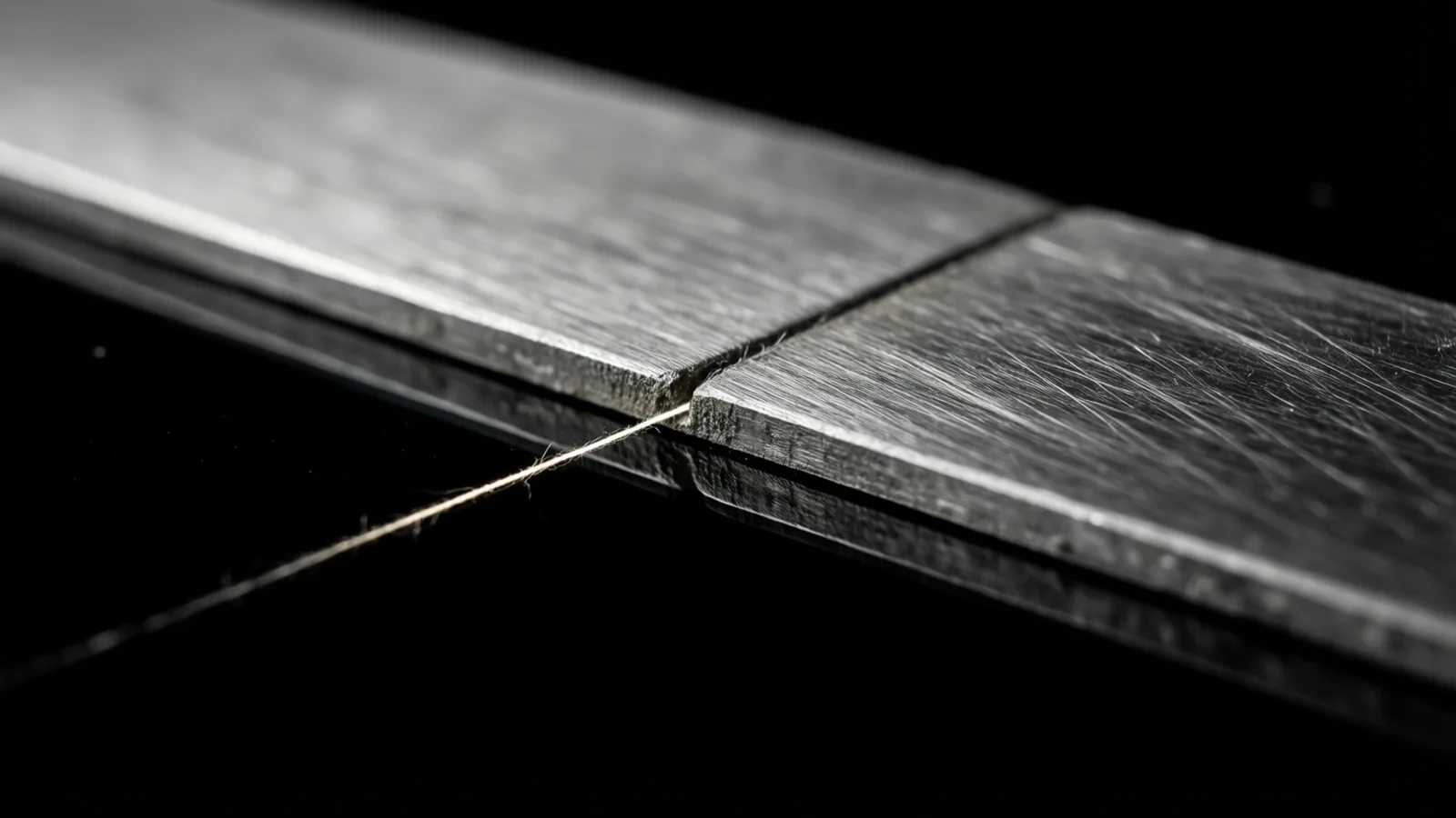 Two flat brushed steel bars lie end to end on a black surface that faintly mirrors them, a hard white light raking across their scratched faces while one hair-thin bright line runs from the joint into the dark.