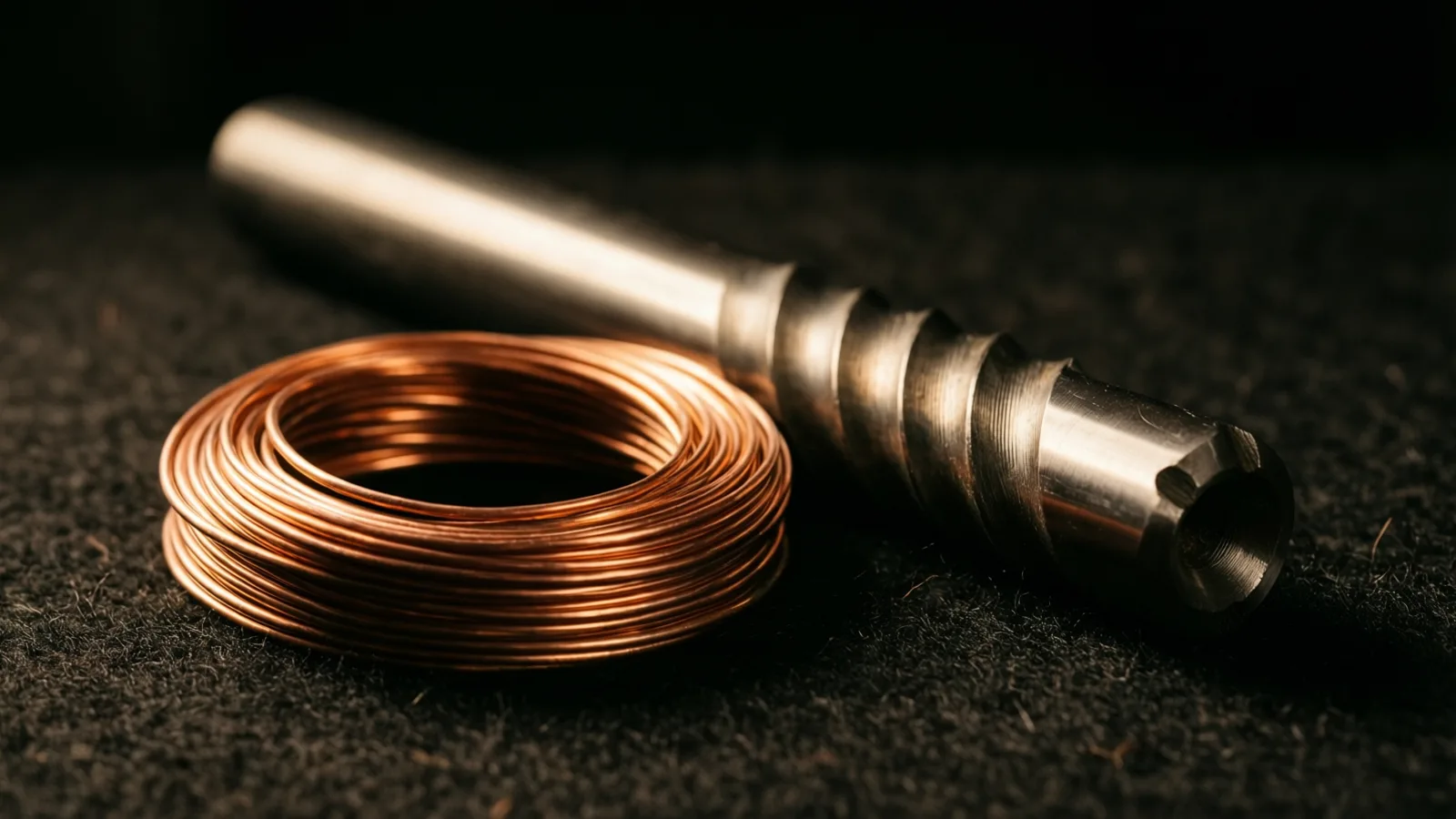 A coil of copper wire lying beside a grooved steel rod on dark felt, warm light catching the burnished loops against black shadow.