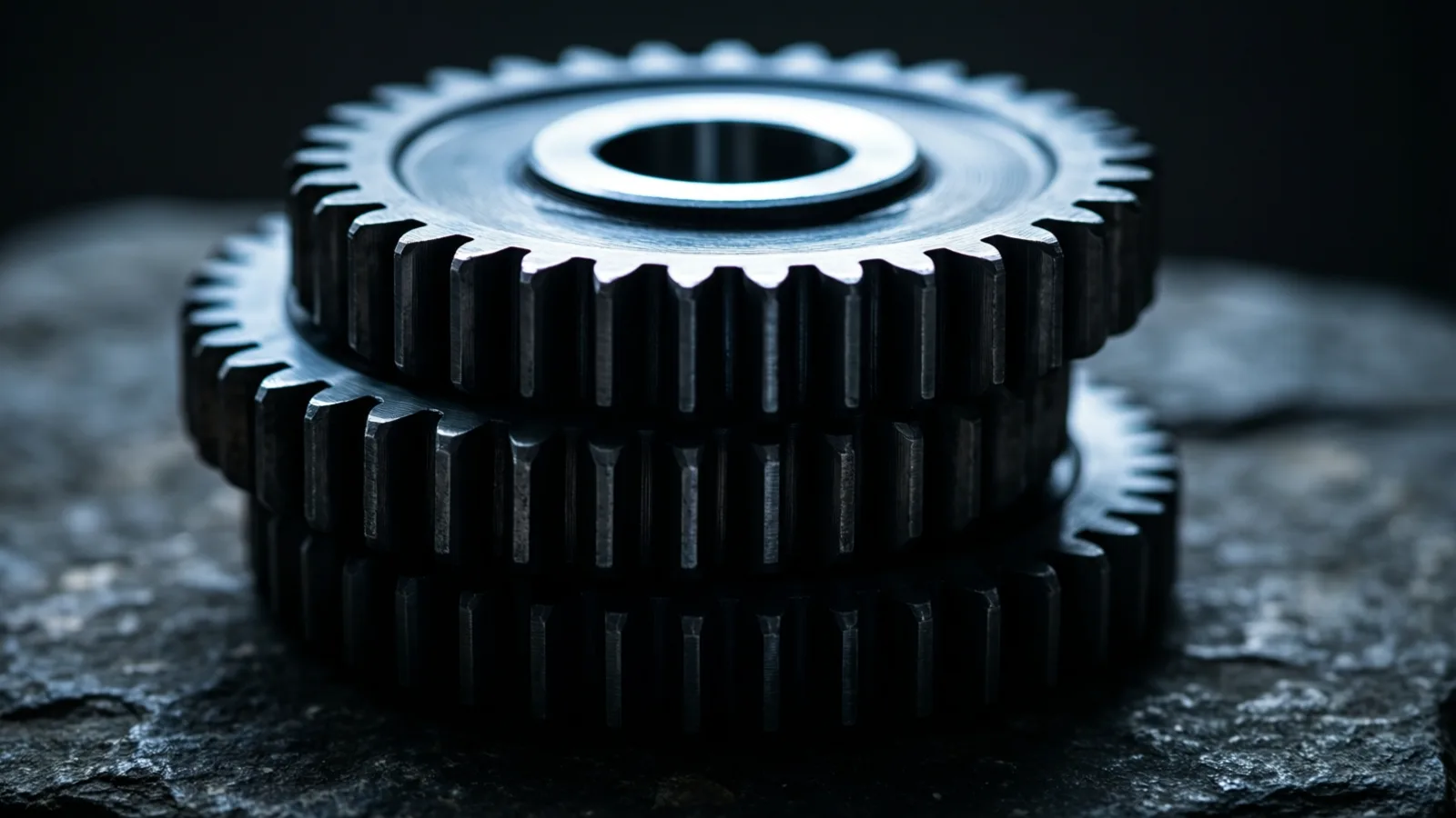 Three dark metallic gears are stacked vertically on a rough, dark stone surface, light reflecting off top gear’s rim and central hole, casting shadows on lower gears.