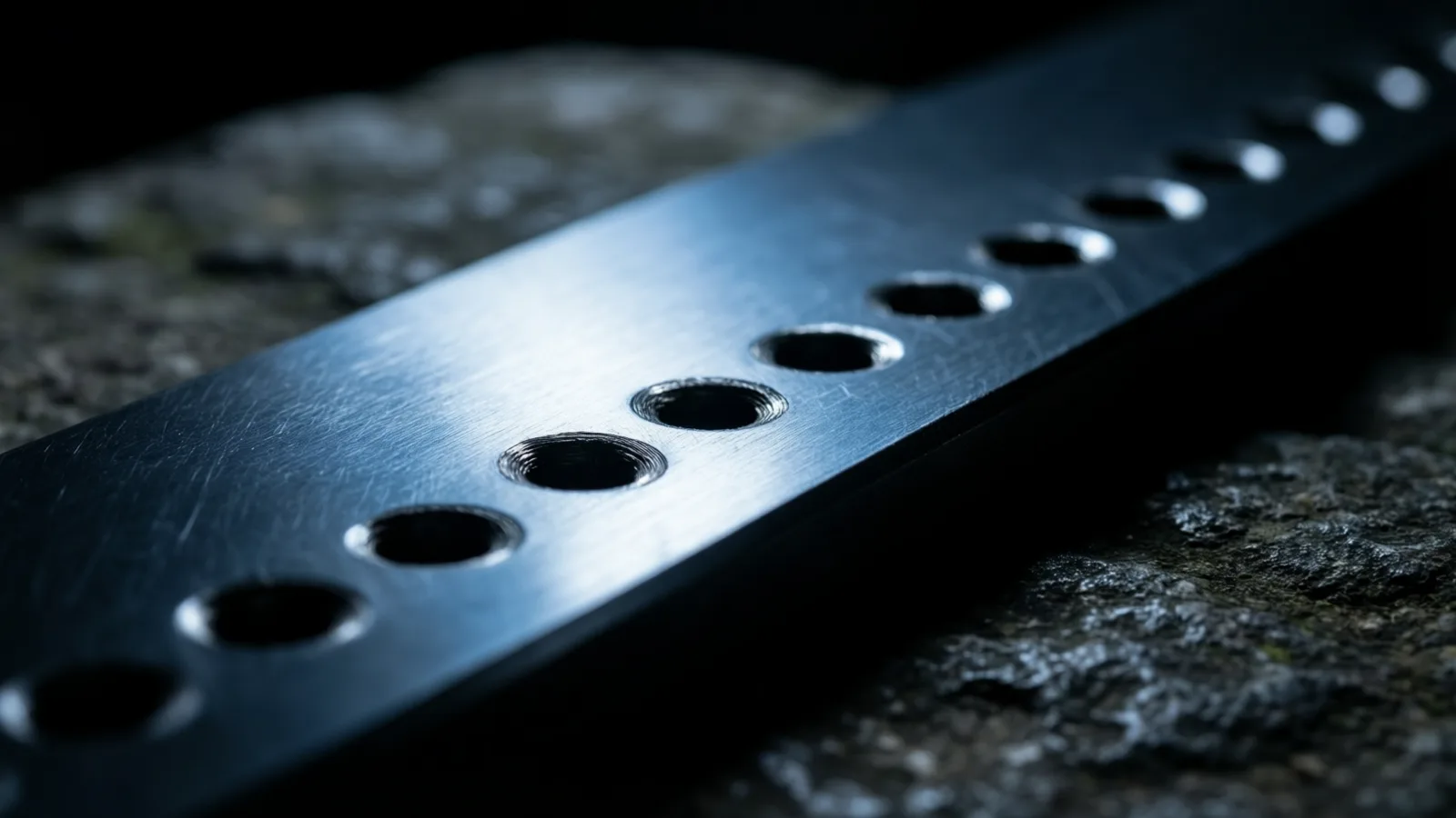 A dark metal plate with a row of small drilled holes, each rim catching a cold light against a black background.