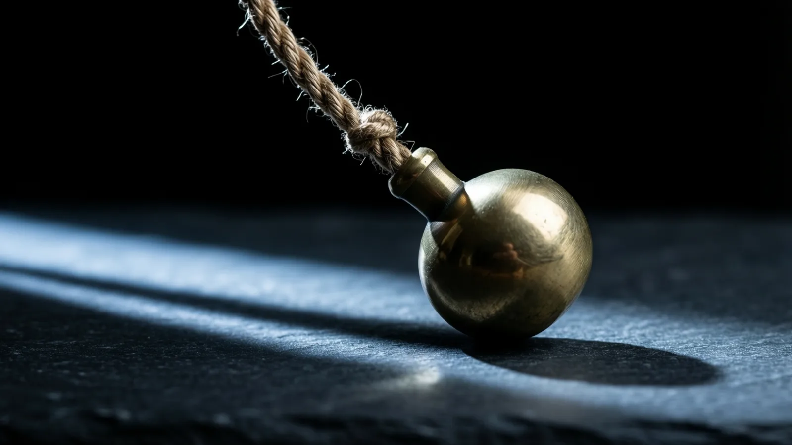 A polished brass plumb bob rests on a dark slate slab, its frayed twisted cord rising off to the upper left, while a narrow band of cold light crosses the stone and throws a long shadow behind it.