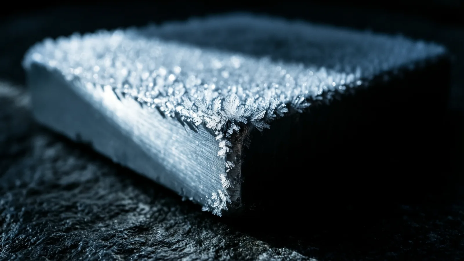 La esquina de un bloque metálico cubierto de escarcha sobre piedra oscura, con finos cristales de hielo que destellan bajo una luz fría y tenue contra la sombra negra.