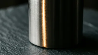 A brushed steel cylinder standing on dark slate, a warm vertical stripe of light tracing its curved surface against deep shadow.