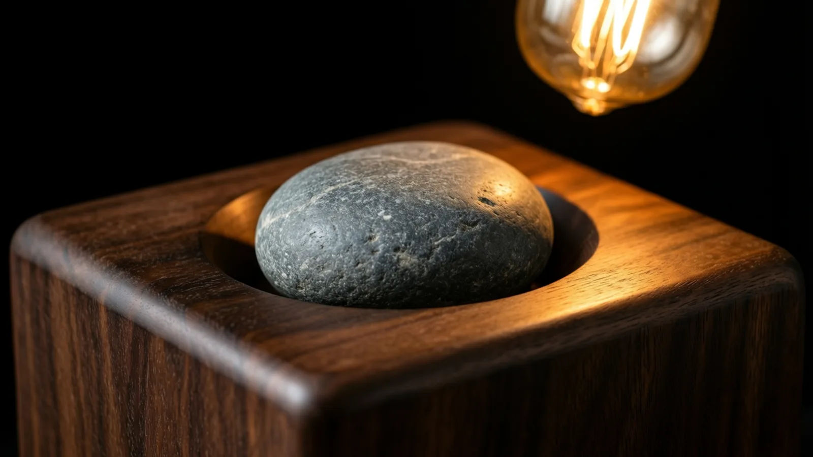 Una piedra gris y lisa descansa en una cavidad redonda de un bloque de madera oscura de nogal. La luz cálida de una bombilla de filamento encendida, arriba a la derecha, cae sobre la piedra y la madera, con fondo negro.