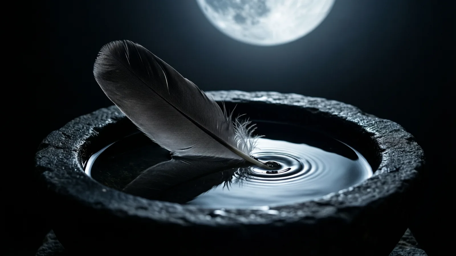 Una pluma gris oscura toca el agua dentro de un cuenco de piedra negra y rugosa, formando ondas circulares alrededor de su punta. Al fondo, una luna llena pálida brilla en el cielo oscuro e ilumina la superficie del agua.