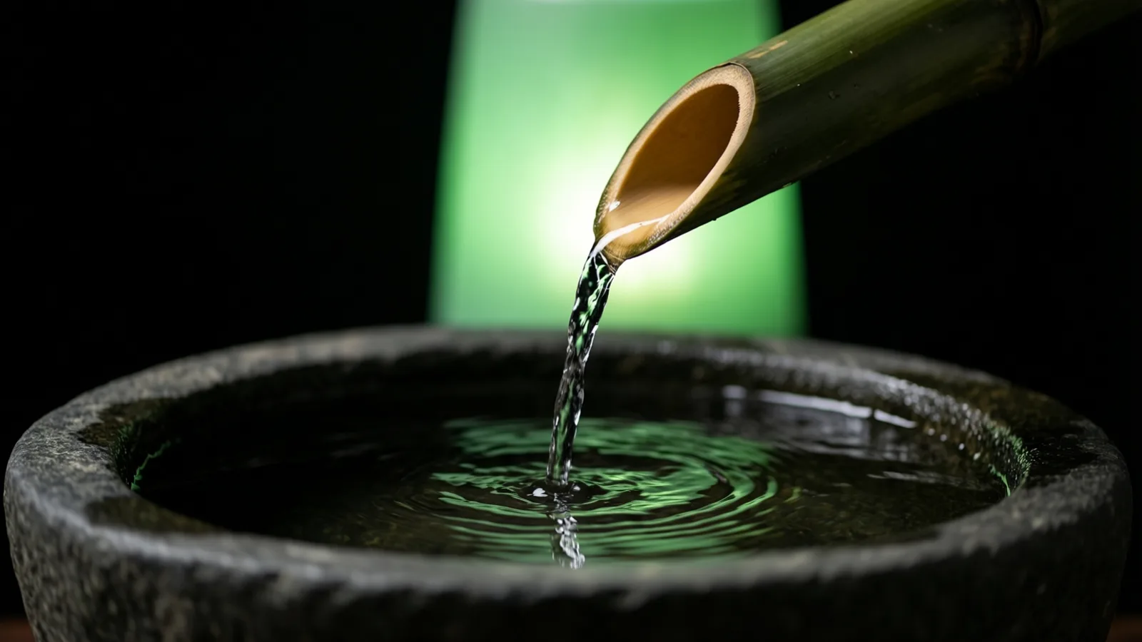 A hollow bamboo tube tilts downward and pours a thin stream of water into a rough dark stone basin, making ripples. A soft green glow lights the black background behind and tints the water surface.