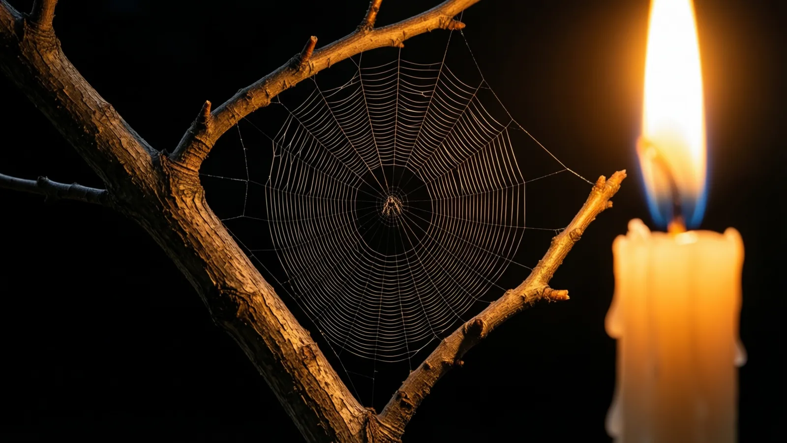A fine spider web spans the fork of a rough bare branch, lit warmly from the side. A lit candle with a bright flame stands blurred at the right edge, and the background is black.