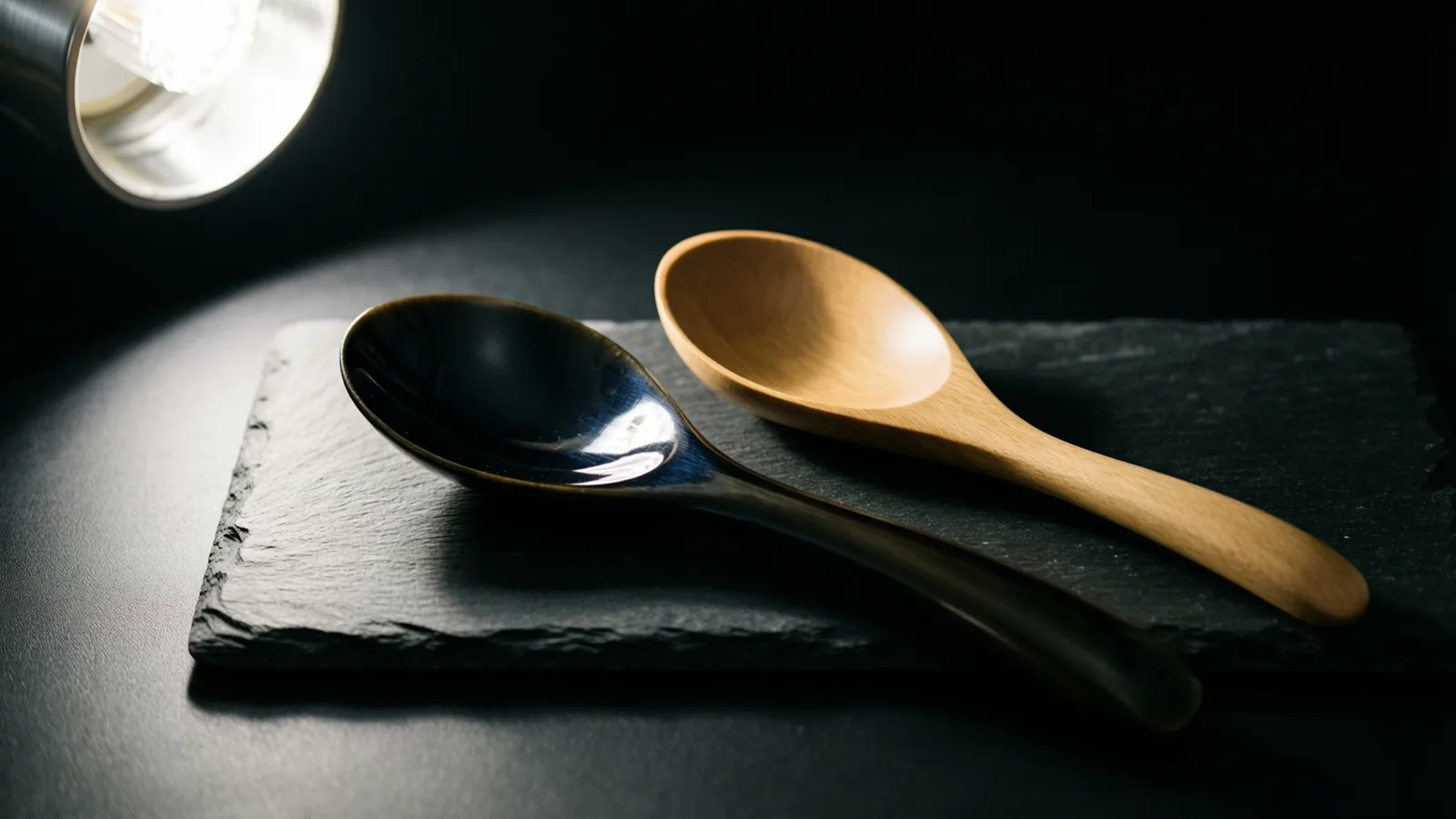A glossy dark spoon and a pale wooden spoon lie side by side on a rough slate slab over a black surface. A bright metal spotlight at the upper left casts a pool of light across them.