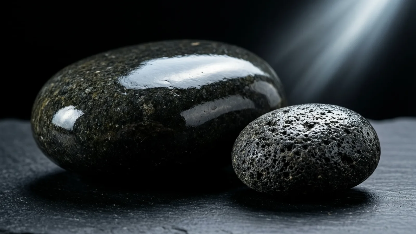 A large smooth, glossy dark stone sits beside a smaller, pitted black stone on dark slate. A bright reflection runs along the large stone, and a beam of pale light falls from the upper right against a black background.