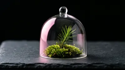 A clear glass dome with a round knob covers a small patch of green moss and a single evergreen sprig. It sits on a dark slate surface, with pink reflections on the glass and a black background.