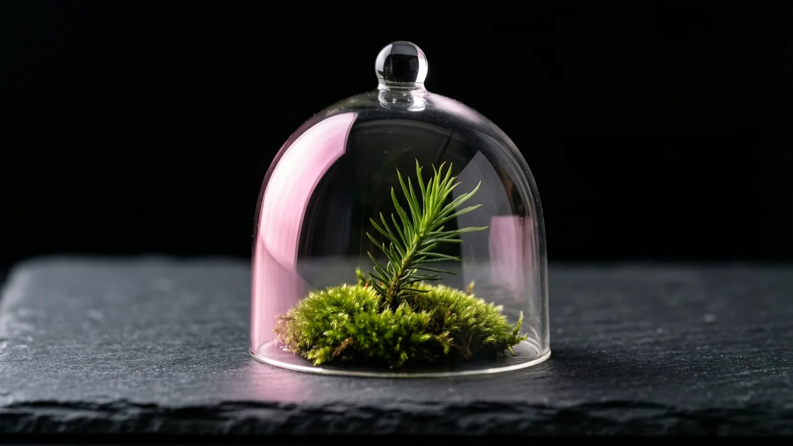 A clear glass dome with a round knob covers a small patch of green moss and a single evergreen sprig. It sits on a dark slate surface, with pink reflections on the glass and a black background.