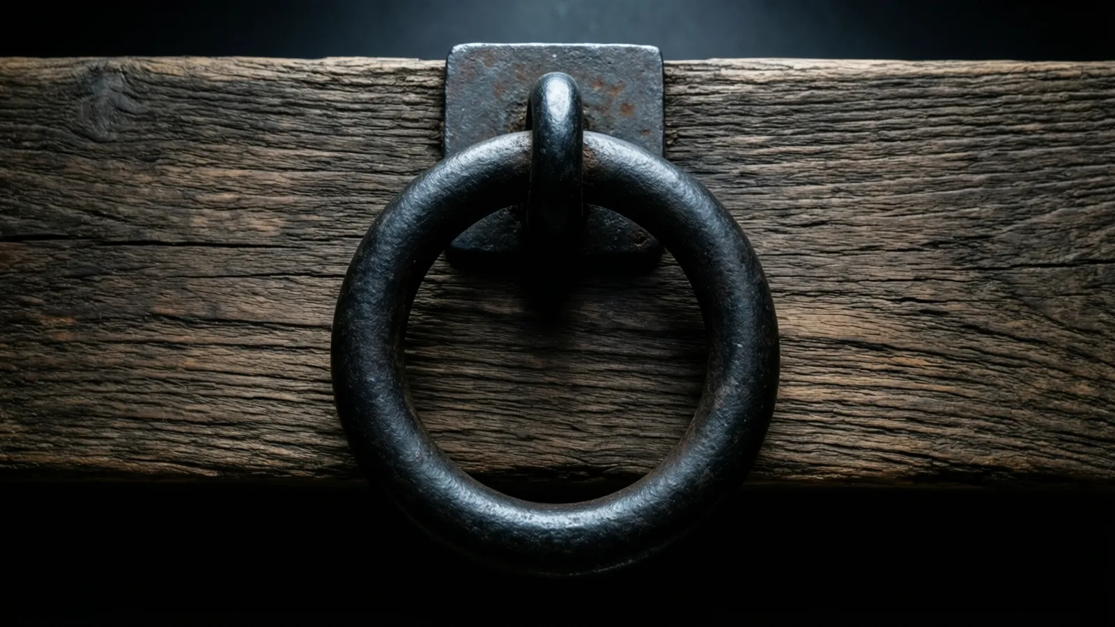 Un grueso anillo de metal oscuro cuelga de una argolla en una placa cuadrada de metal fijada a una viga de madera envejecida y agrietada. La luz cae desde arriba sobre la viga y la parte superior del anillo, y deja negros el borde inferior y el fondo.