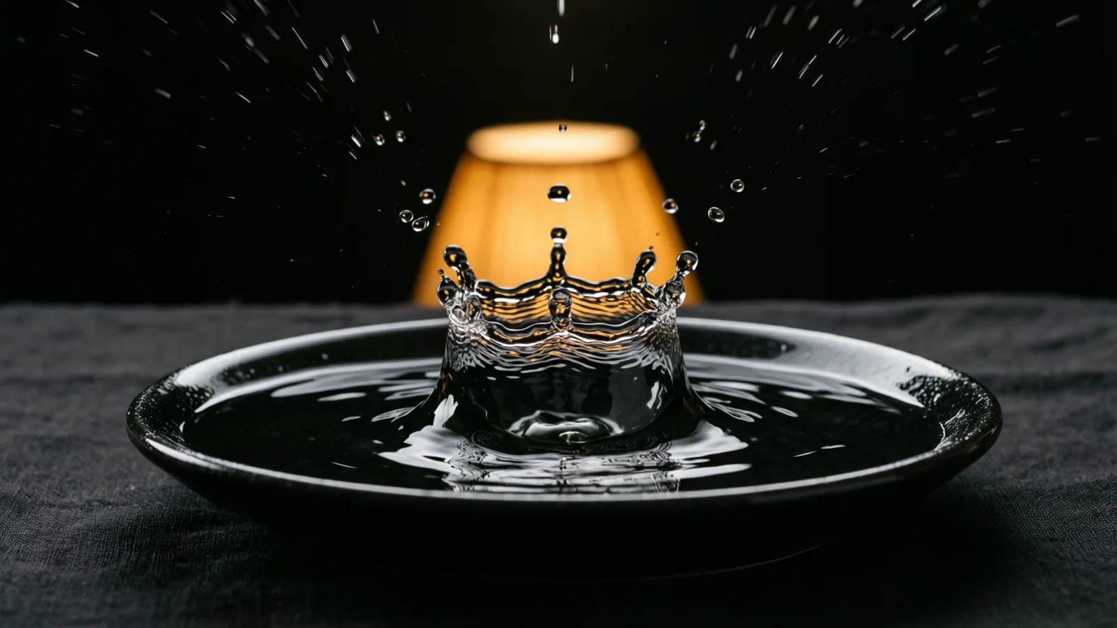 Una salpicadura de agua transparente en forma de corona se eleva desde un plato negro poco profundo sobre una tela oscura arrugada, con pequeñas gotas volando por encima. Una pantalla de lámpara naranja encendida detrás ilumina la salpicadura desde atrás, sobre un fondo negro.
