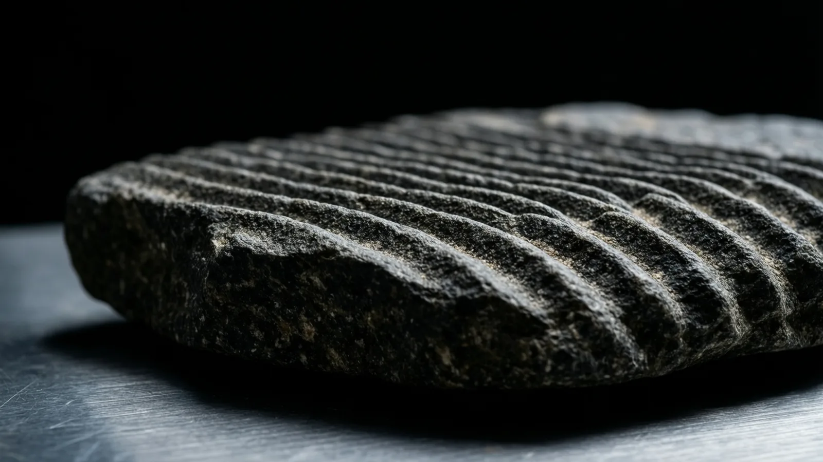 Una losa gruesa de piedra oscura y rugosa, con crestas paralelas en la parte superior, descansa sobre una superficie metálica cepillada y rayada. La luz cae sobre los bordes de las crestas y sobre el metal en la parte inferior izquierda, frente a un fondo negro.