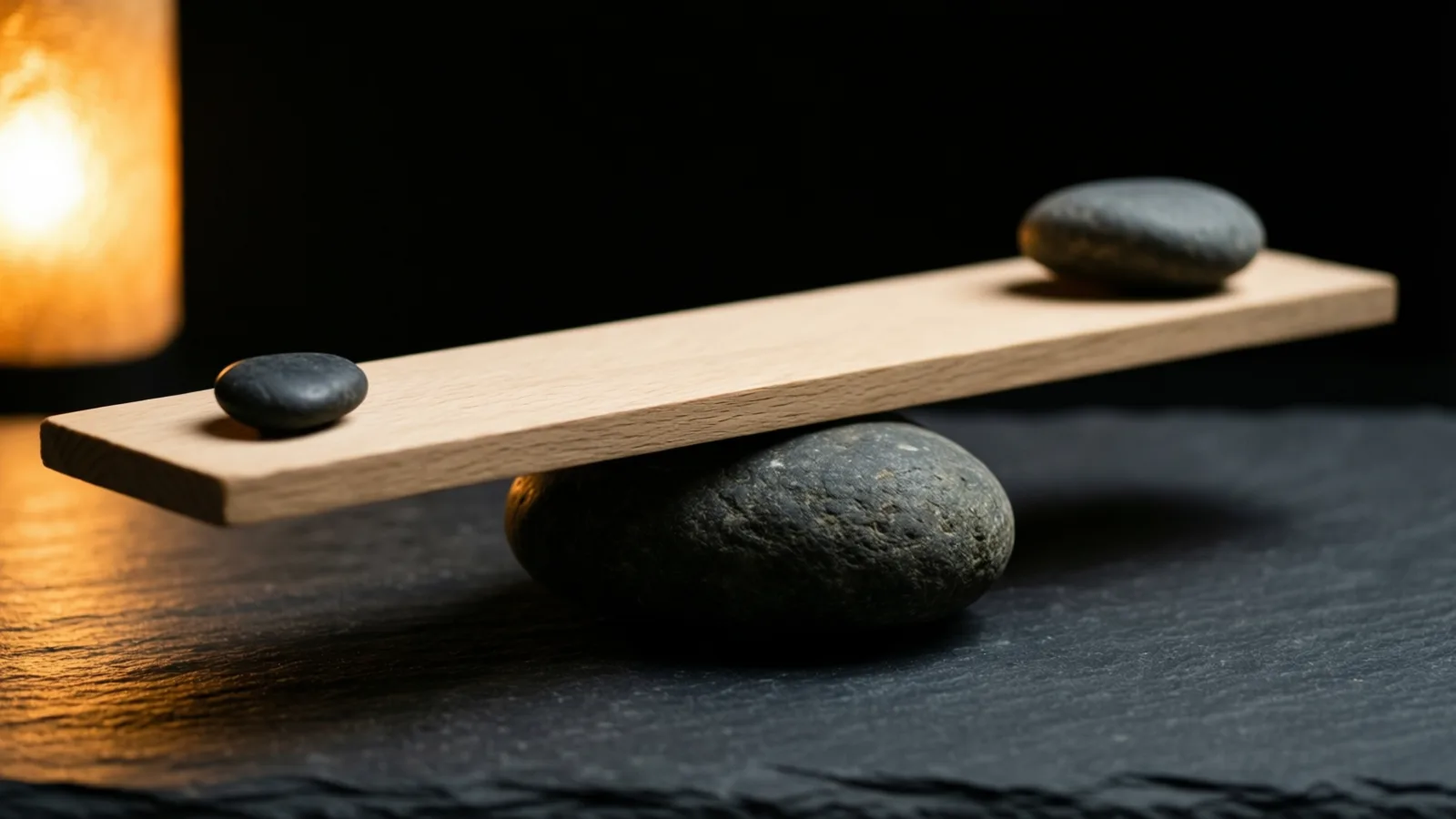 Una tabla de madera clara se inclina sobre una piedra grande, redondeada y oscura, con un guijarro pequeño cerca del extremo izquierdo y una piedra más grande cerca del derecho, sobre pizarra oscura. Un resplandor naranja desenfocado arriba a la izquierda ilumina ese lado, contra un fondo negro.