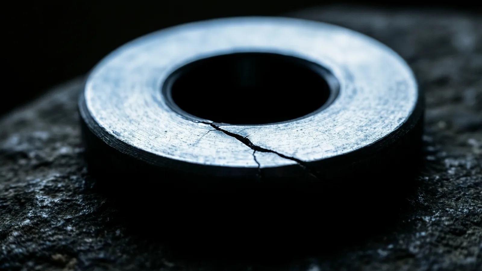Una sola arandela de acero sobre piedra oscura, con una fina grieta capilar que cruza su cara, iluminada por una luz fría y tenue contra la sombra negra.