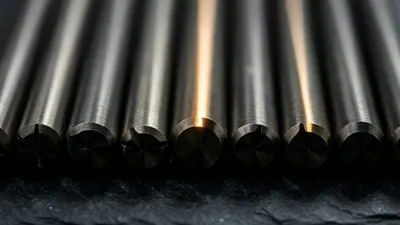 A row of identical turned steel pins lying parallel on dark slate, each edge catching a thin line of warm light against deep shadow.