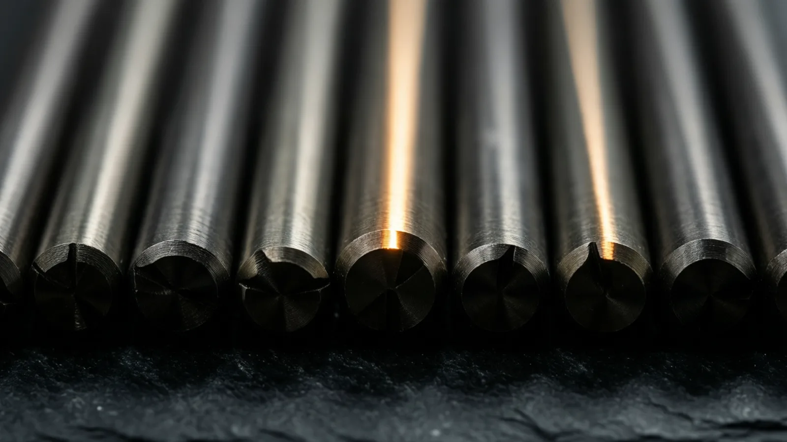 Varias varillas de metal pulido con los extremos ranurados en cruz, alineadas muy juntas sobre una superficie oscura y texturizada, con luz cálida que recorre sus costados y perfila las formas cilíndricas.