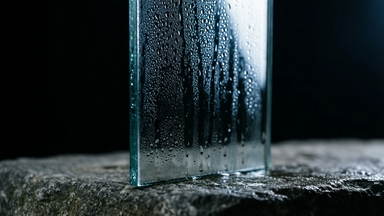 Una gruesa placa de vidrio transparente se alza sobre un borde de piedra gris y rugosa, con la cara cubierta de gotas y regueros de condensación, bajo una luz fría y amplia que tambien brilla sobre la piedra humeda contra un fondo negro.