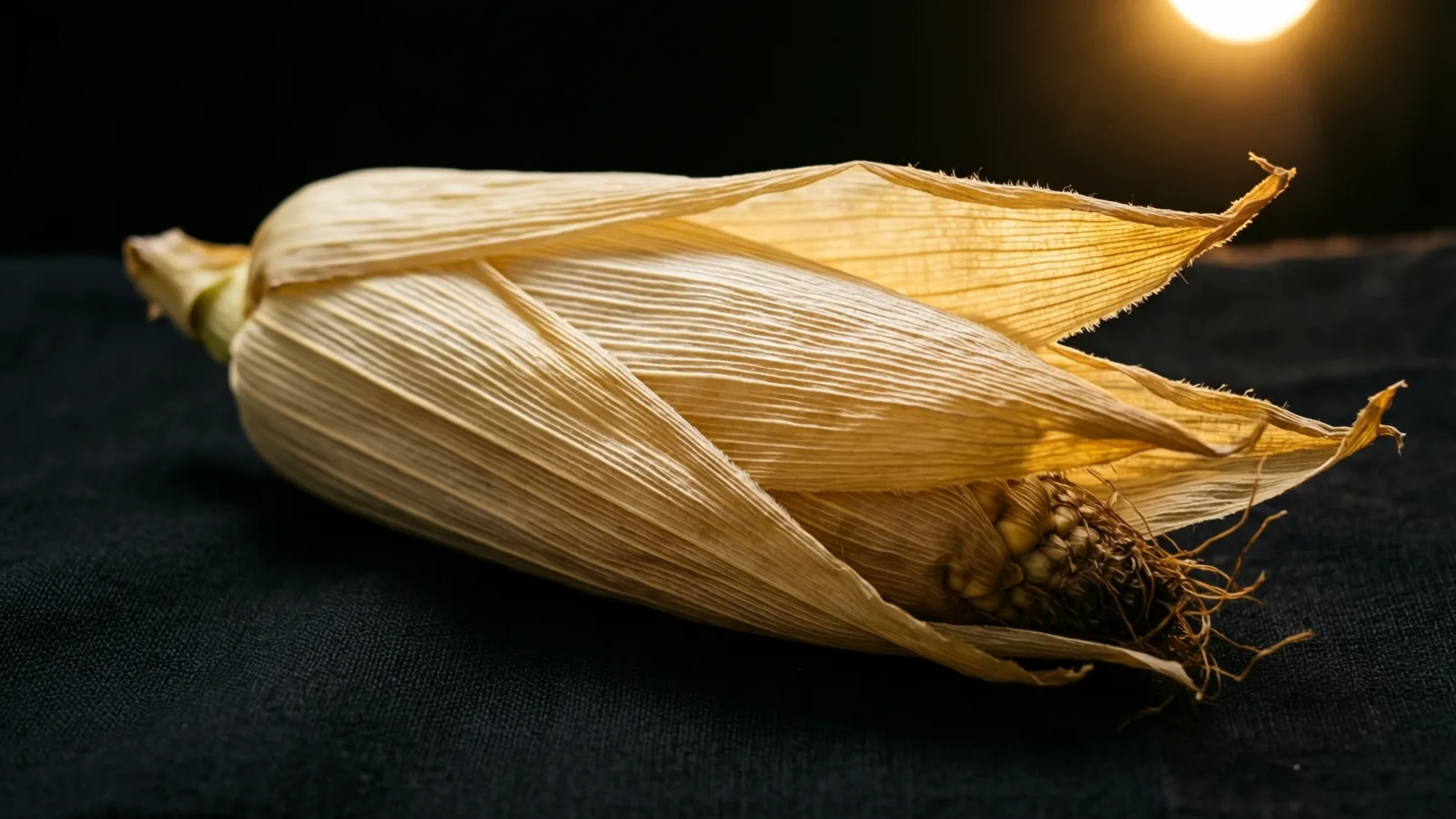 Una mazorca de maíz seca, envuelta en hojas de color dorado pálido, descansa sobre una tela oscura; las hojas están echadas hacia atrás en un extremo y dejan ver algunos granos y hebras marrones. Una luz cálida y brillante se ve arriba a la derecha, detrás de las puntas de las hojas, sobre fondo negro.
