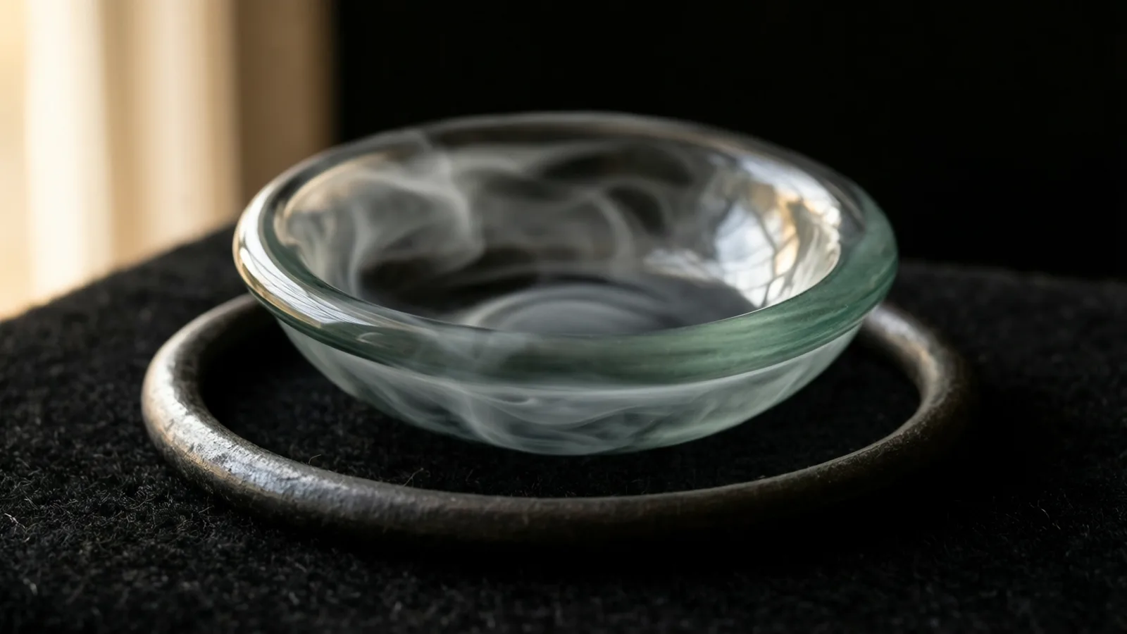 Un cuenco bajo de vidrio transparente, con volutas de humo pálido en su interior, descansa sobre un aro de metal oscuro encima de una tela negra y afelpada. Una luz de día suave ilumina una cortina clara en la parte superior izquierda y el fondo a la derecha es negro.