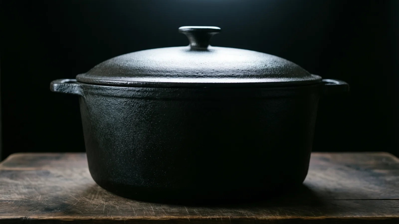 Una olla de metal negro con tapa abombada, una perilla redonda y dos pequeñas asas laterales descansa sobre una superficie de madera desgastada y rayada. Una luz suave roza la parte superior de la tapa y la perilla, y el fondo es negro.