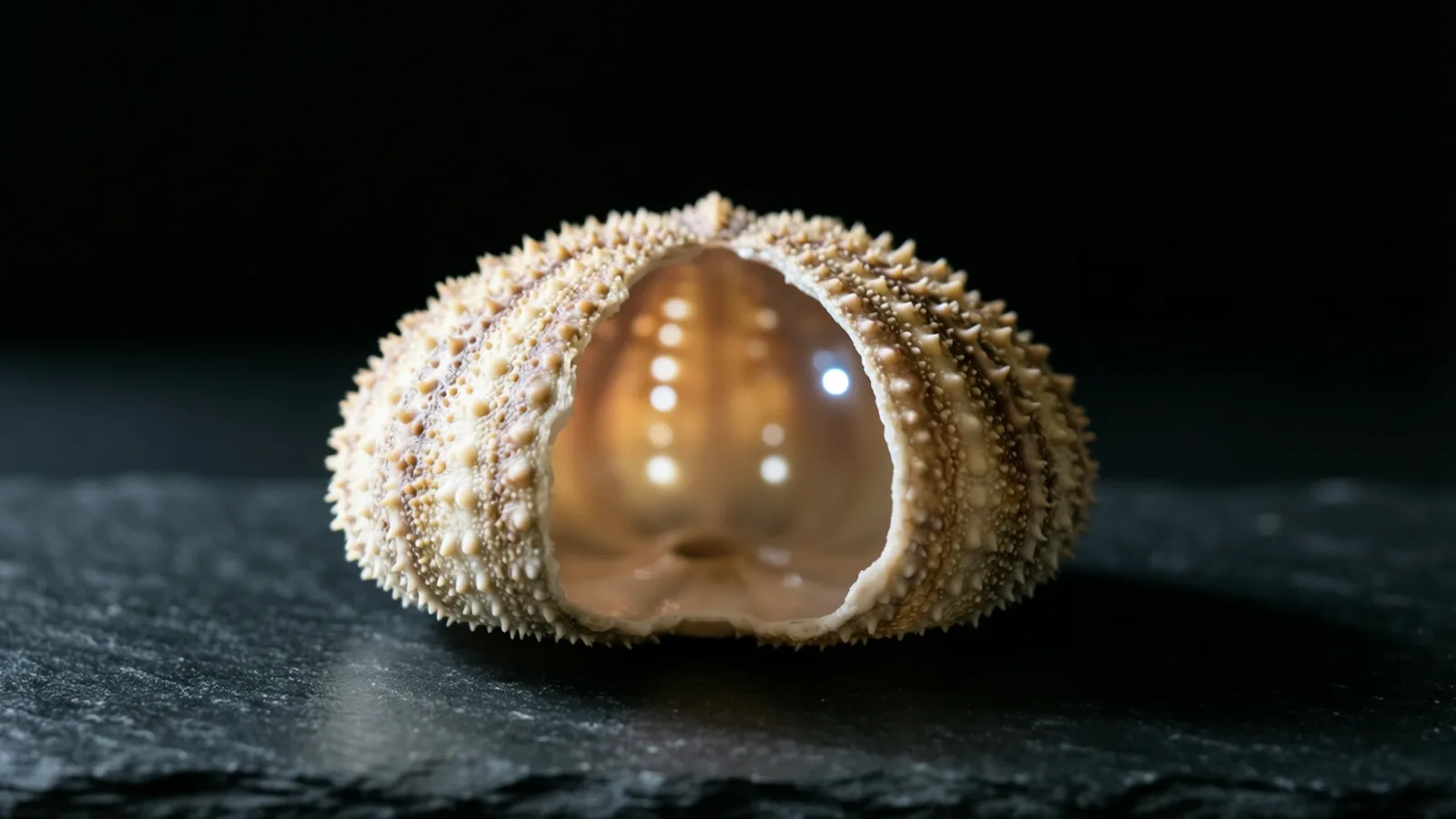 Un caparazón de erizo de mar, espinoso y de color crema pálido, con una gran rotura en un costado, descansa sobre pizarra gris oscura. Una luz cálida brilla dentro de la cavidad, con pequeños reflejos redondos y brillantes en la pared interior, frente a un fondo negro.