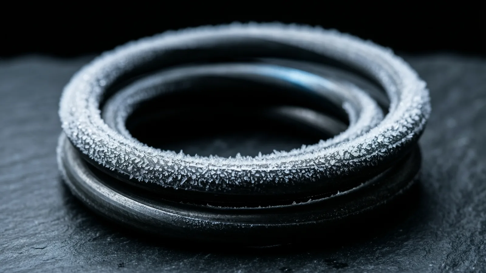 Several dark rings with frosted white crystalline edges sit stacked concentrically on a dark textured surface, light catching the frosty top edge while the interior stays in shadow.