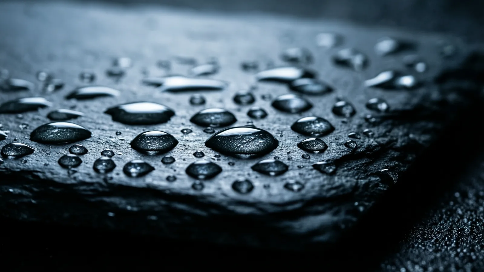 Small beads of water sit scattered across a slab of dark stone, each catching a thin blade of cold light against deep shadow.