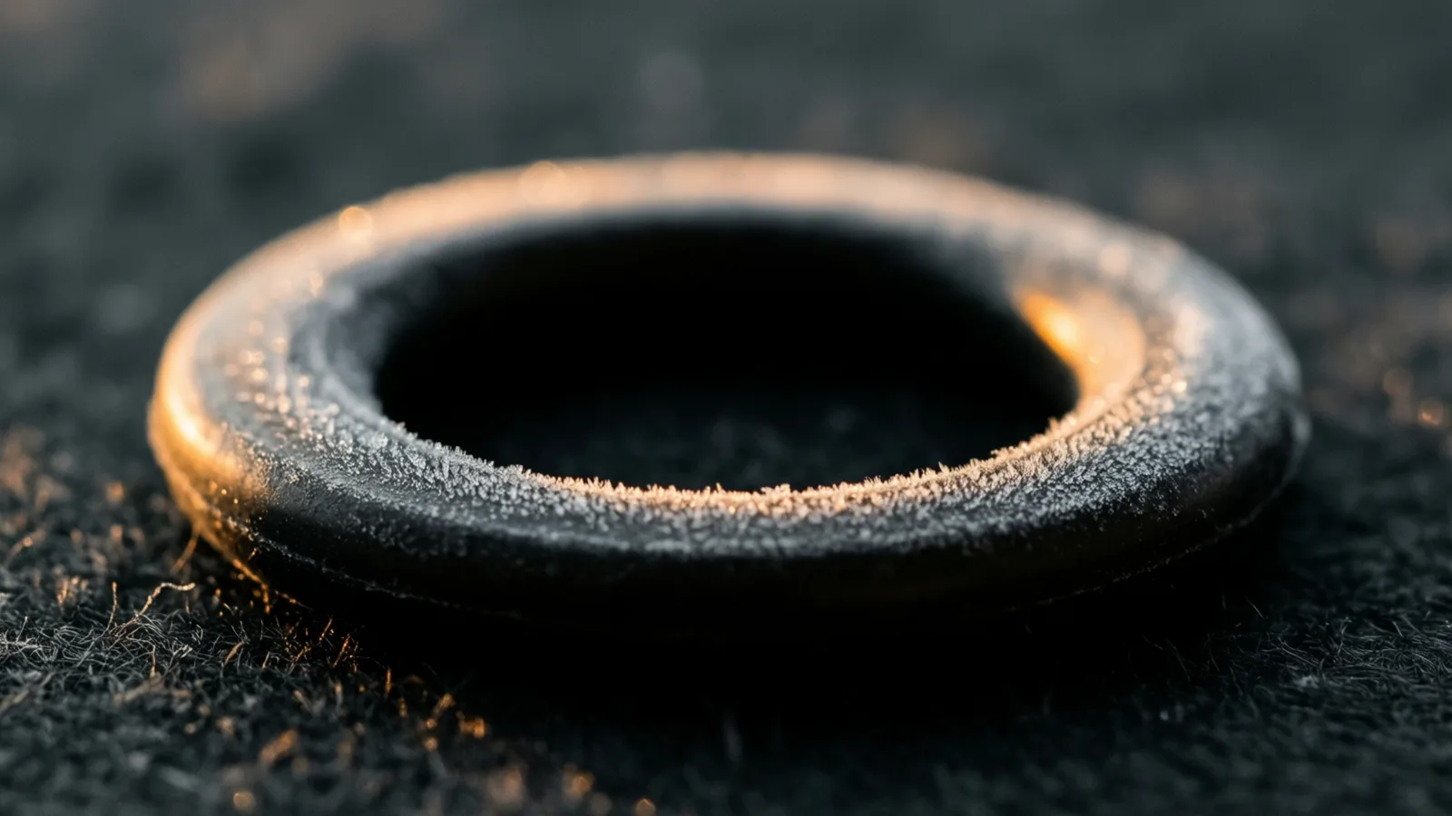 A round rubber ring lies on dark felt, its surface lightly frosted and lit along one edge by a warm band of light.