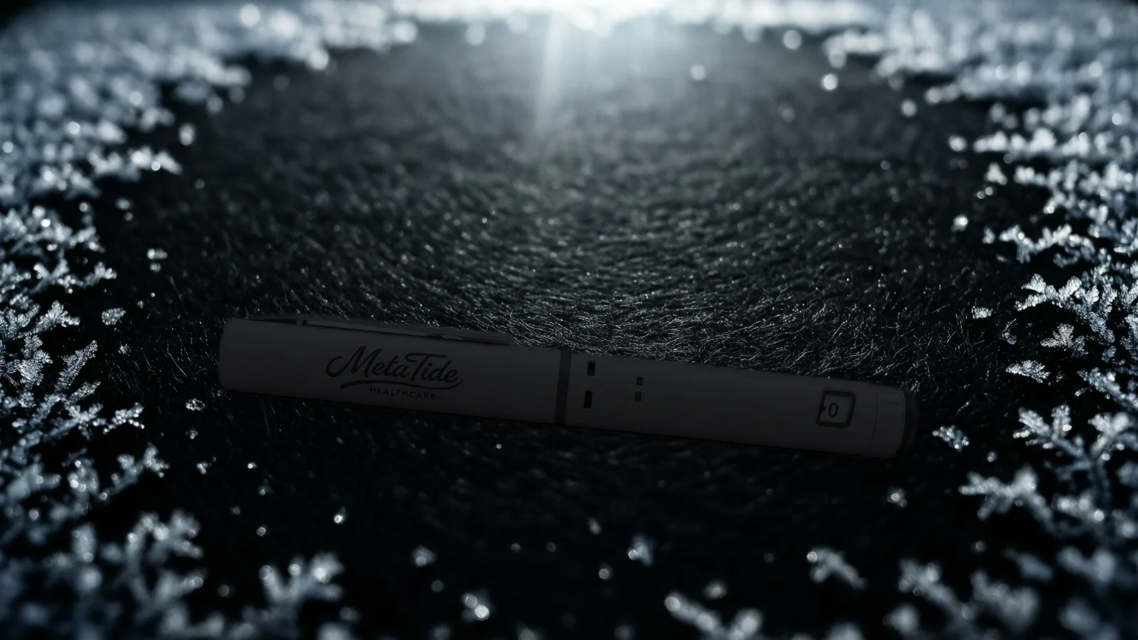 A prefilled multi-dose research pen on near-black felt, a faint bloom of frost creeping in at the corners.