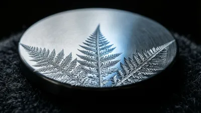 A flat steel lid lies on dark felt, its surface traced with fern-shaped ice crystals lit by a thin cold band of light.