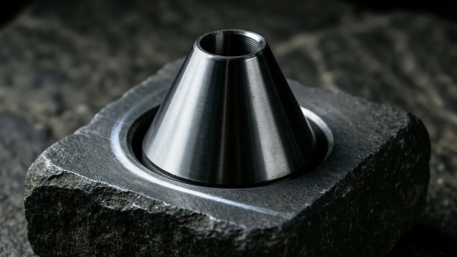 A brushed steel cone with a hollow threaded top stands in a round bore cut into a rough grey stone block, a dark gap open around its base, cool light raking across the metal and the chipped stone.