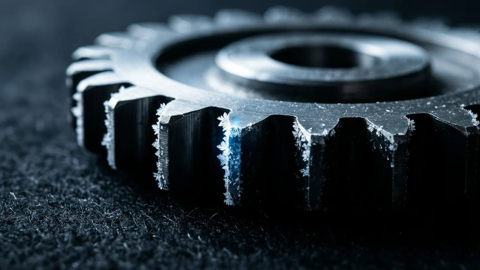A steel gear lies on dark felt, fine ice crystals bridging its teeth and catching a thin band of cold light.