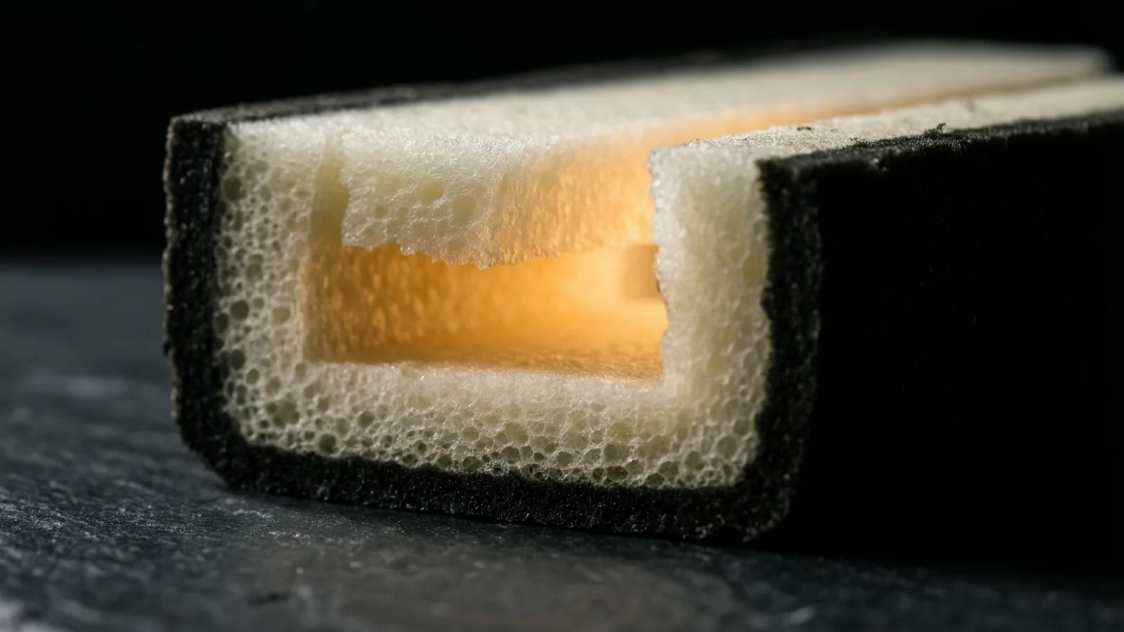 A block of pale foam sits split open on dark slate, its cellular interior lit by a low warm light against black shadow.