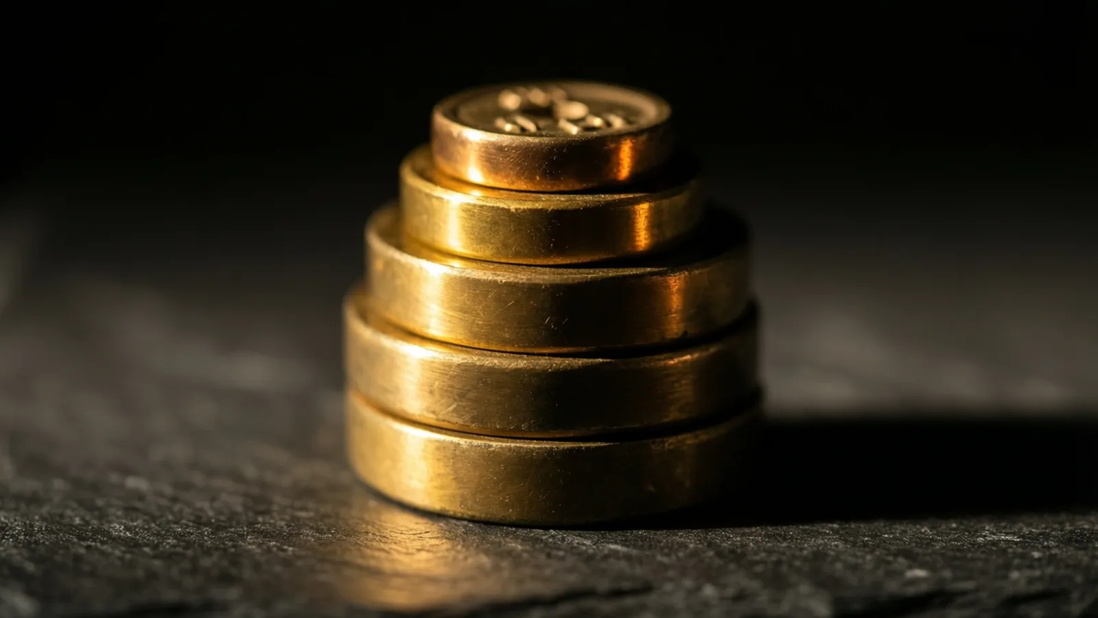 A short stack of brass weights sits on dark slate, their curved sides catching a warm band of light against black shadow.