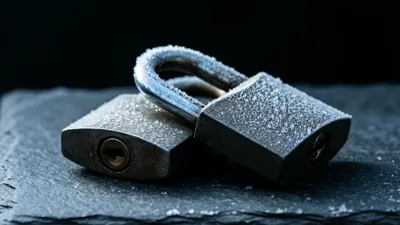 Two frost caked steel padlocks rest on their sides on a dark slate slab, round keyholes facing forward and one curved shackle arcing behind, with cold light raking in from the upper right.