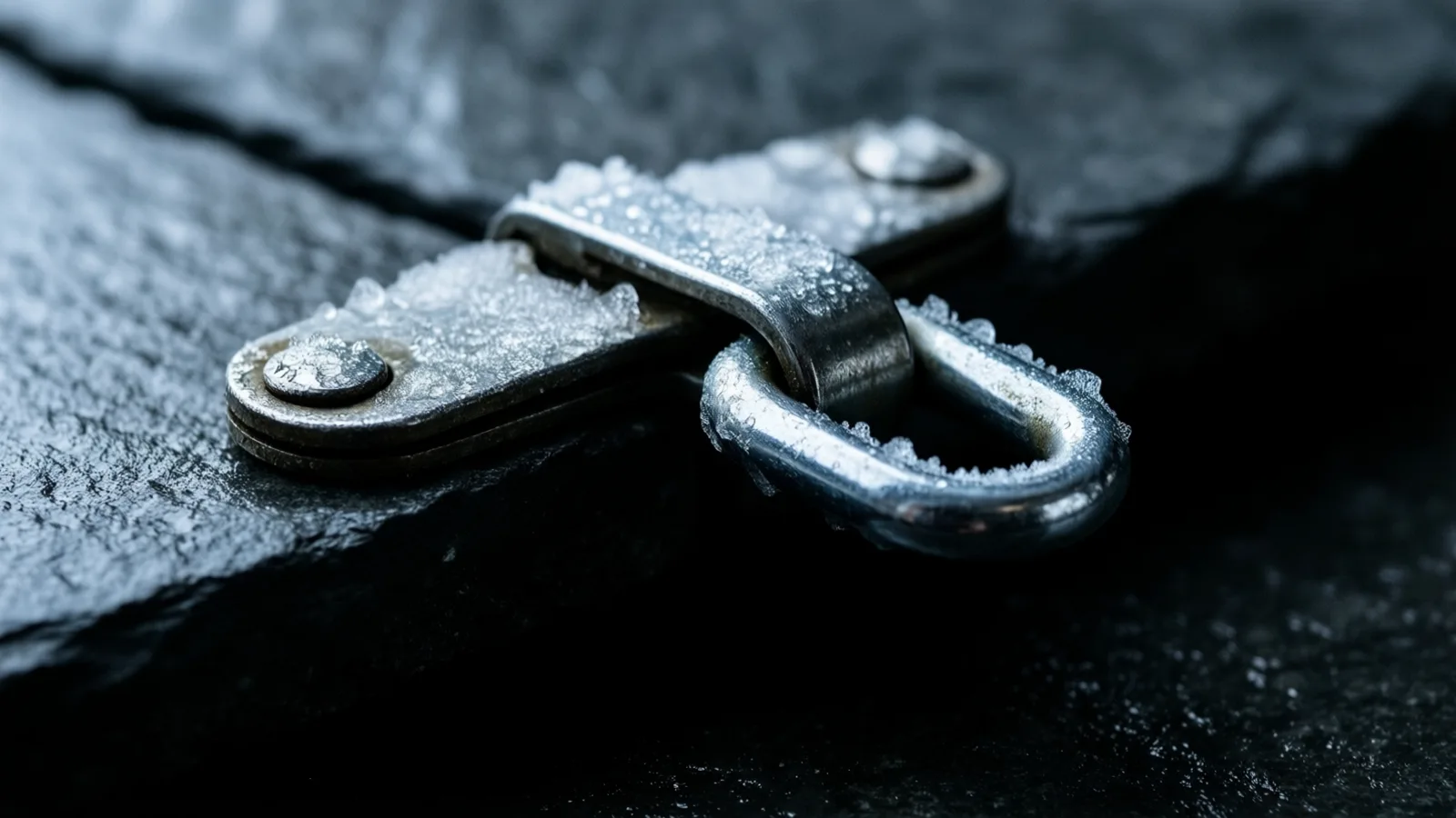 A closed steel latch and hinge sit on dark slate, coated in a thin glaze of ice under a thin cold light.