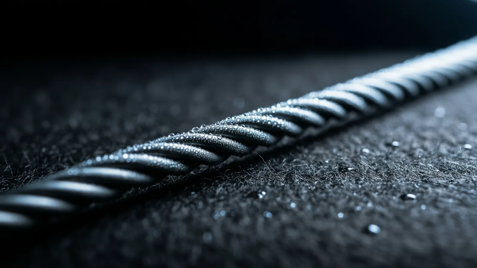 A thick twisted steel cable runs diagonally across dark felt, its helical strands beaded with water droplets, with a few more scattered on the fabric under a narrow band of cold raking light.