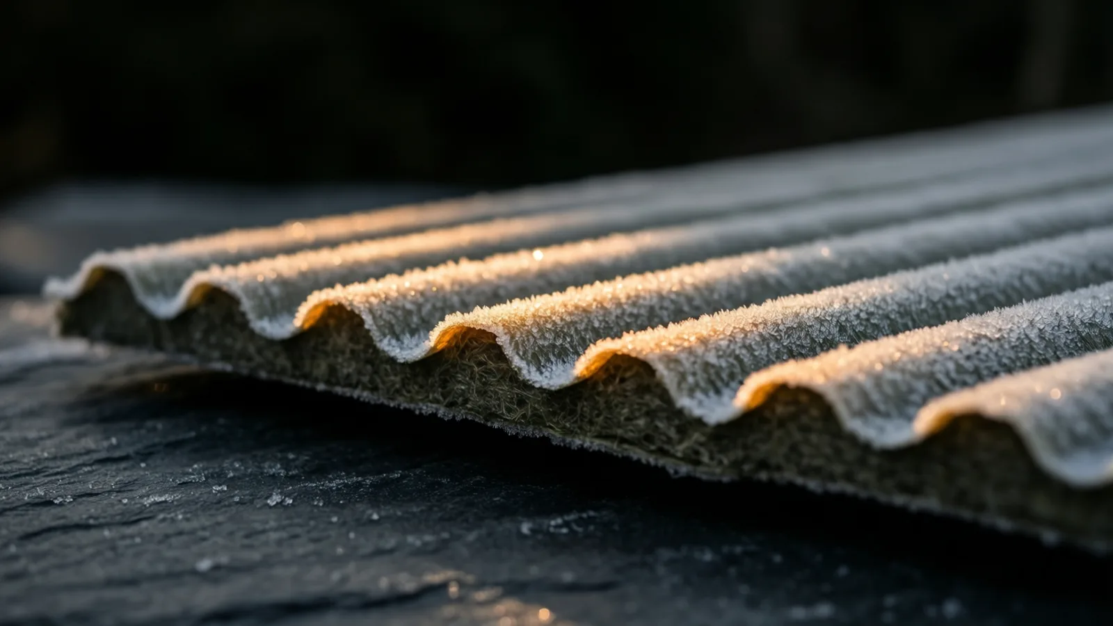 One corrugated sheet of greyish fibrous material lies on a dark rough surface, frost covering its parallel ridges, golden light catching the frost along their crests.