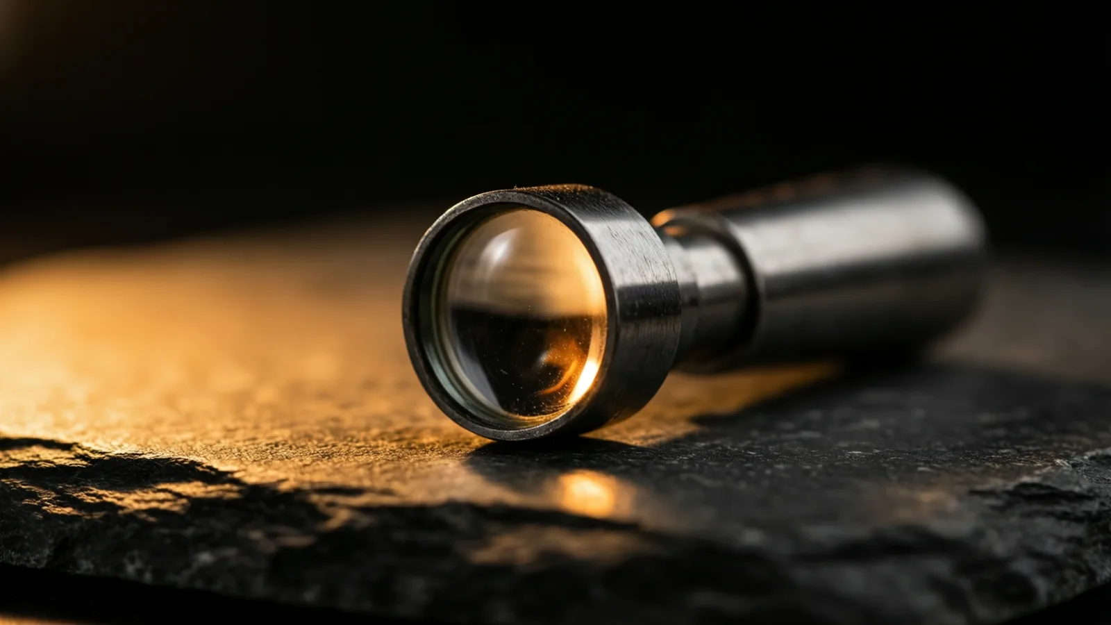 A small handheld loupe rests on dark stone, its lens catching a warm band of light against a black background.