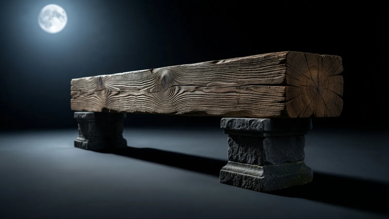 Una viga de madera envejecida, con la veta visible y el extremo agrietado, descansa sobre dos bloques de piedra oscura y rugosa en un suelo liso y oscuro. Una luna llena brilla arriba a la izquierda y una luz fría recorre la viga.